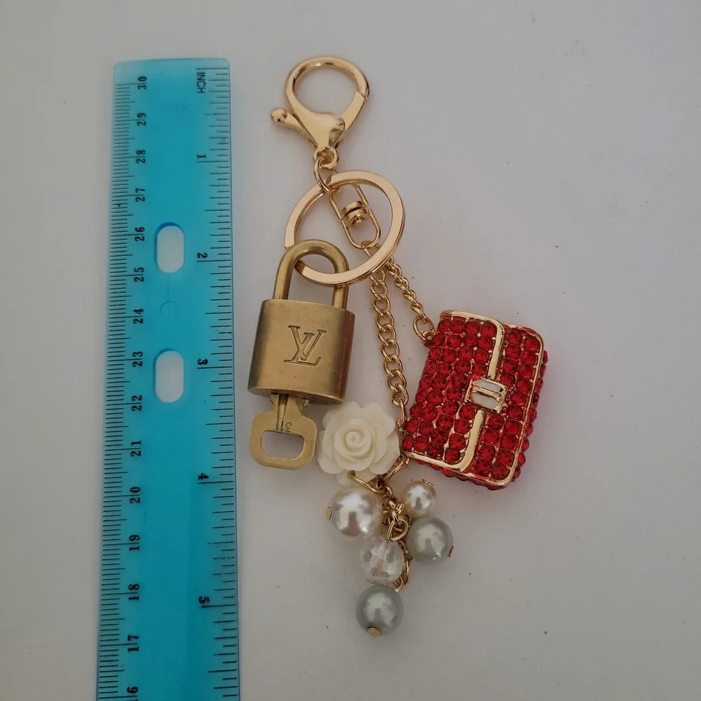 Louis Vuitton Authentic Padlock 311 Key Red Rhinestone Purse Pearl Bag Charm